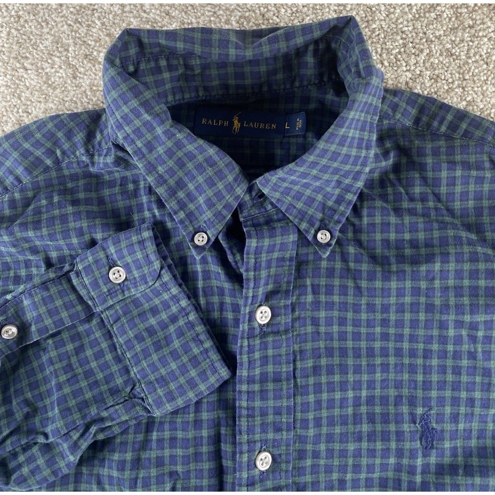 Polo Ralph Lauren Green/Blue Gingham Plaid Shirt Mens L Blue Pony Cotton Preppy